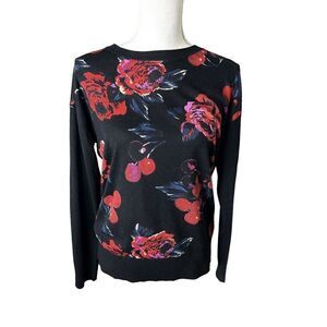 DKNY Silk & Cashmere Roses And Cherries Lightweight Long Sleeve Sweater Sz S
